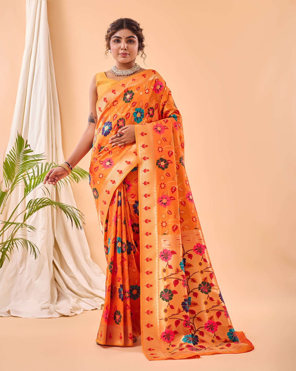 Yellow Color Pure Paithani Silk Saree with Jaal Design and Meenakari Work, Paithani Border, and Rich Pallu – Includes Unstitched Blouse Piece.