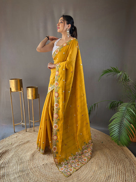 Yellow Pure Tussar Silk Saree With Embroidery Work