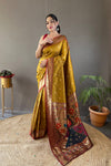 Yellow Color Paithani Silk Saree with Rich Contrast Weaving Pallu, Border & Beautiful Buttis | Conceptual Brocade Unstitched Blouse Piece Included.