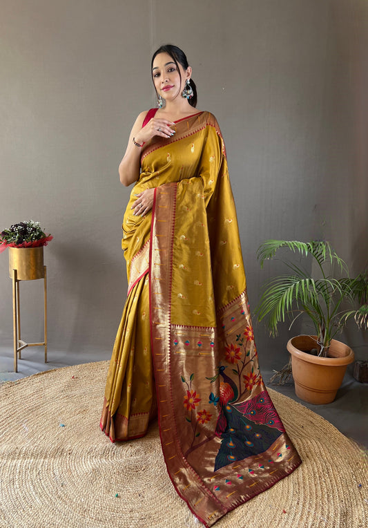 Yellow Color Paithani Silk Saree with Contrast Weaving Pallu