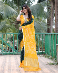 Premium Yellow Pure Bandhej Silk Saree with Zari Weaving, Rich Tissue Pallu & Unstitched Blouse Piece.