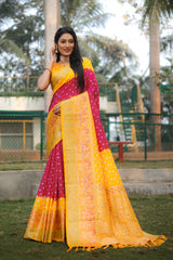 Yellow Handmade Bandhej Kanjivaram Silk Saree For Women