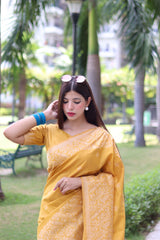 Yellow Bangalore Handloom Raw Silk Saree with Running Blouse