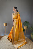Yellow Color Rosy Soft Silk Saree with Beautiful Border, Rich Pallu & Full Brocade | Unstitched Blouse Included.