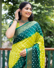 Authentic Yellow Pure Bandhej Silk Saree with Zari Weaving, Broad Border, Rich Pallu & Unstitched Blouse Piece.