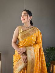 Yellow Color Rosy Soft Silk Saree with Beautiful Border, Rich Pallu & Full Brocade | Unstitched Blouse Included.