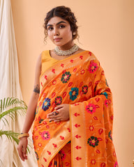 Yellow Color Pure Paithani Silk Saree with Jaal Design and Meenakari Work, Paithani Border, and Rich Pallu – Includes Unstitched Blouse Piece.