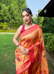 Yellow Color Pure Paithani Saree with All-Over Zari and Meenakari Weaves | Richly Woven Pallu | Stunning Multi-Colored Border | Includes Unstitched Blouse Piece.