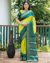 Authentic Yellow Pure Bandhej Silk Saree with Zari Weaving, Broad Border, Rich Pallu & Unstitched Blouse Piece.