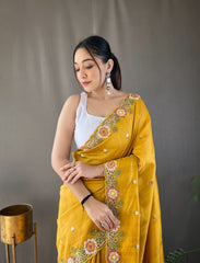 Yellow Pure Tussar Silk Saree With Embroidery Work