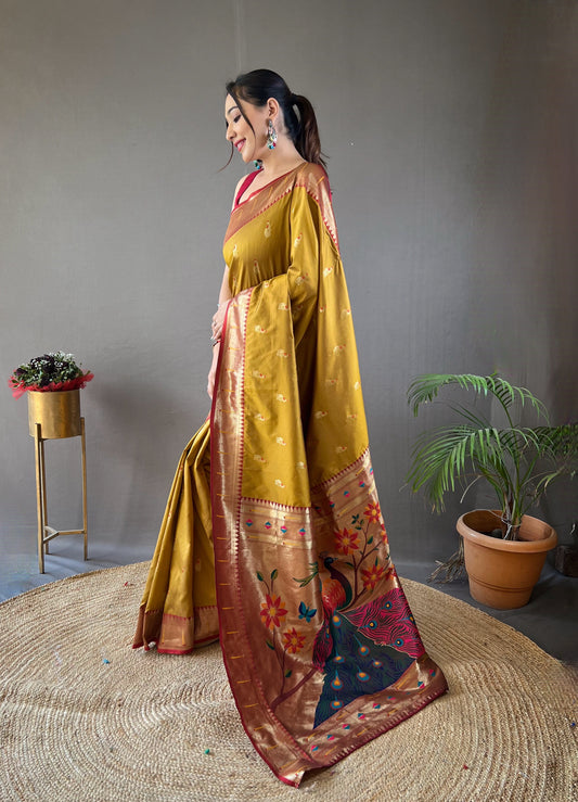 Yellow Color Paithani Silk Saree with Rich Contrast Weaving Pallu, Border & Beautiful Buttis | Conceptual Brocade Unstitched Blouse Piece Included.