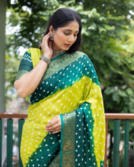 Authentic Yellow Pure Bandhej Silk Saree with Zari Weaving, Broad Border, Rich Pallu & Unstitched Blouse Piece.