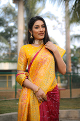 Yellow Handmade Bandhej Kanjivaram Silk Saree For Women