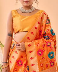 Yellow Color Pure Paithani Silk Saree with Jaal Design and Meenakari Work, Paithani Border, and Rich Pallu – Includes Unstitched Blouse Piece.