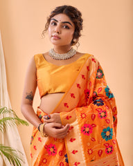 Yellow Color Pure Paithani Silk Saree with Jaal Design and Meenakari Work, Paithani Border, and Rich Pallu – Includes Unstitched Blouse Piece.