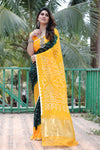 Premium Yellow Pure Bandhej Silk Saree with Zari Weaving, Rich Tissue Pallu & Unstitched Blouse Piece.