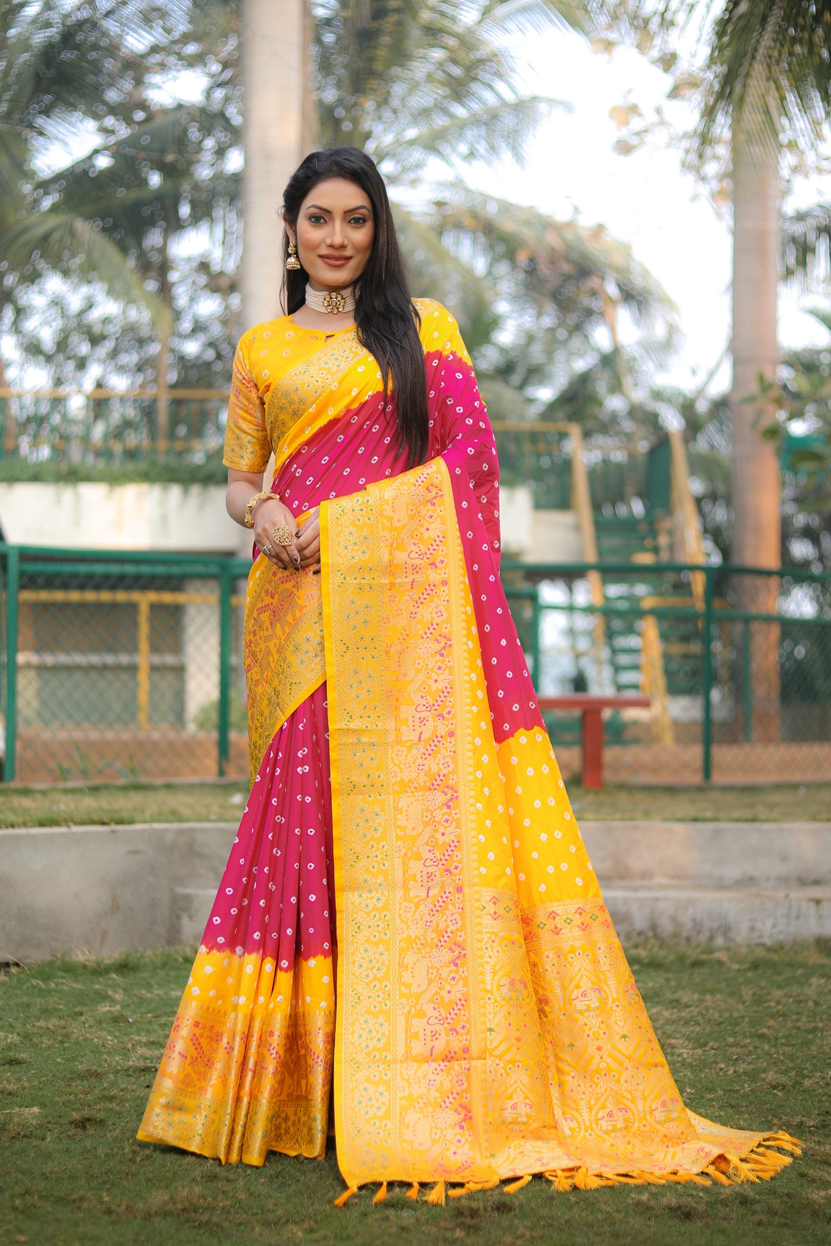 Yellow Handmade Bandhej Kanjivaram Silk Saree For Women