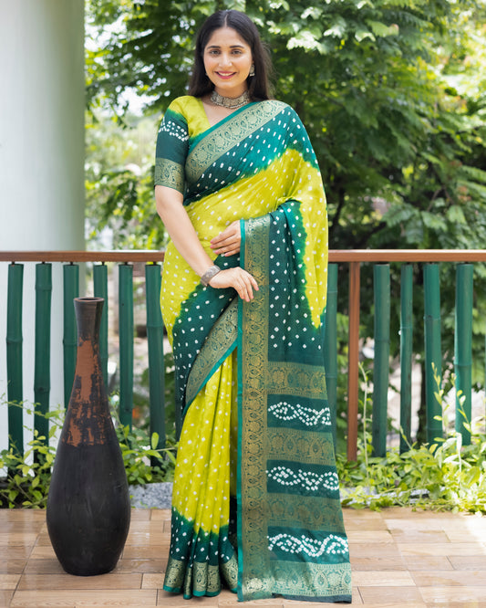 Authentic Yellow Pure Bandhej Silk Saree with Zari Weaving, Broad Border, Rich Pallu & Unstitched Blouse Piece.