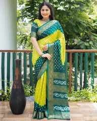 Authentic Yellow Pure Bandhej Silk Saree with Zari Weaving, Broad Border, Rich Pallu & Unstitched Blouse Piece.