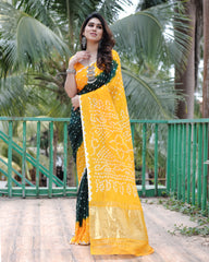 Premium Yellow Pure Bandhej Silk Saree with Zari Weaving, Rich Tissue Pallu & Unstitched Blouse Piece.