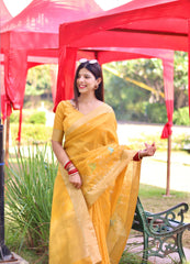 Resham Silk Yellow Linen Saree