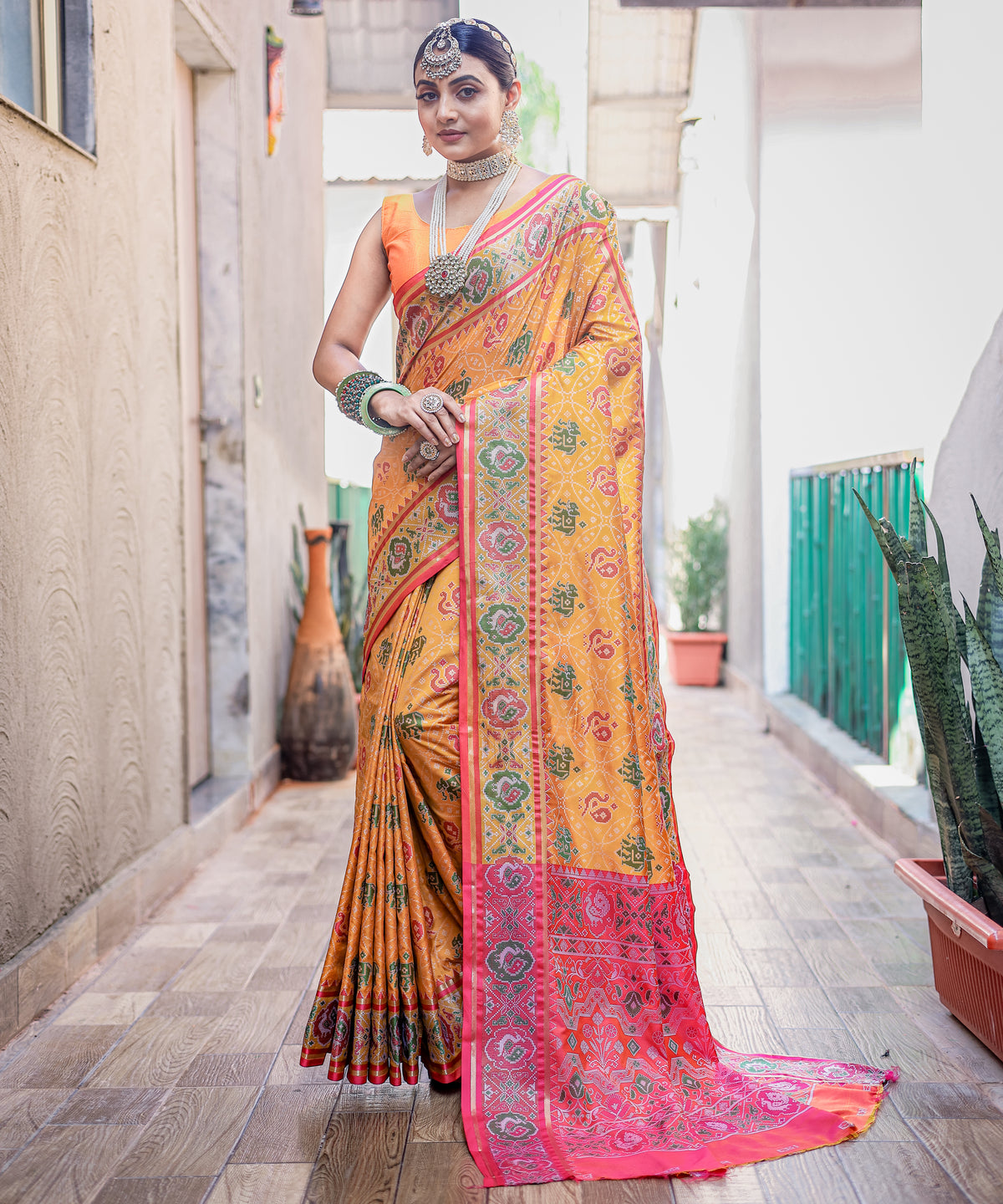 Elegant Yellow Patola Silk Saree with Meenakari Weaving, Rich Pallu & Contrast Brocade Fancy Unstitched Blouse | Premium Silk Saree Collection.