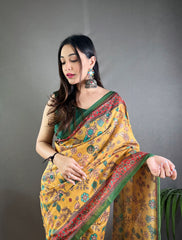 Yellow Malai Cotton Saree with  Kalamkari Print