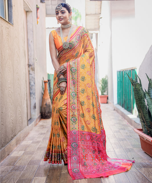 Elegant Yellow Patola Silk Saree with Meenakari Weaving, Rich Pallu & Contrast Brocade Fancy Unstitched Blouse | Premium Silk Saree Collection.