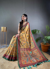 Yellow Malai Cotton Saree with  Kalamkari Print