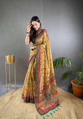 Yellow Malai Cotton Saree with  Kalamkari Print