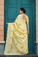 Yellow Tussar Cotton Saree with Floral Sequins Embroidery