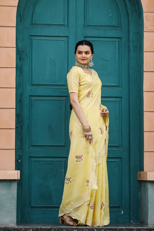 Yellow Tussar Cotton Saree with Floral Sequins Embroidery