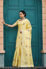 Yellow Tussar Cotton Saree with Floral Sequins Embroidery