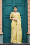 Yellow Tussar Cotton Saree with Floral Sequins Embroidery