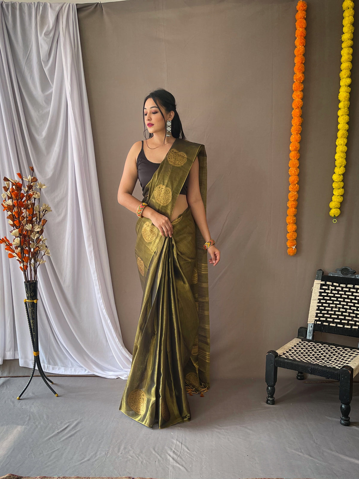 Original Dark Green Tissue Silk Sarees with All-Over Zari Weaving and Mango Border - Chit Pallu with Jhalar, Paired with Zari Lining Unstitched Blouse.