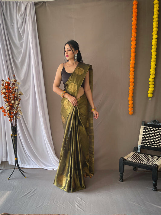 Original Dark Green Tissue Silk Sarees with All-Over Zari Weaving and Mango Border - Chit Pallu with Jhalar, Paired with Zari Lining Unstitched Blouse.