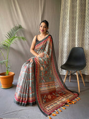 Dark Green Pure Malai Cotton Saree with Kalamkari Prints