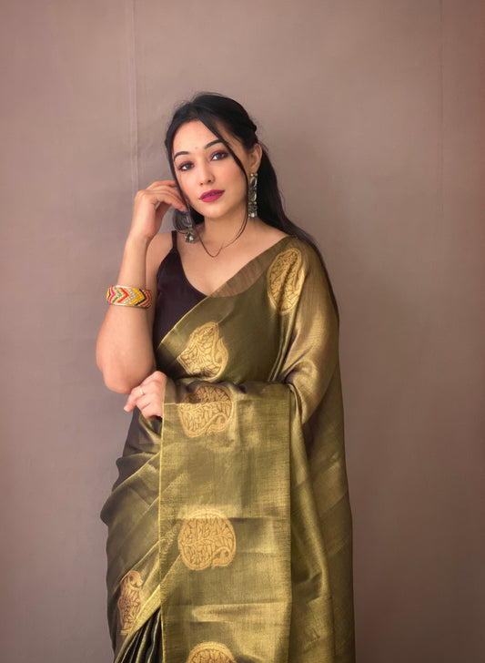 Original Dark Green Tissue Silk Sarees with All-Over Zari Weaving and Mango Border - Chit Pallu with Jhalar, Paired with Zari Lining Unstitched Blouse.