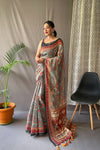 Dark Green Pure Malai Cotton Saree with Kalamkari Prints