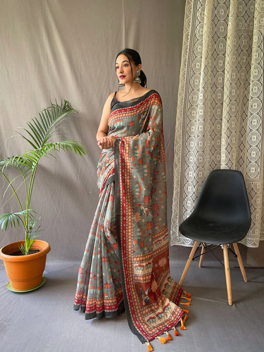 Dark Green Pure Malai Cotton Saree with Kalamkari Prints