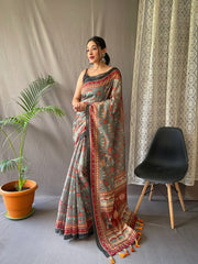 Dark Green Pure Malai Cotton Saree with Kalamkari Prints