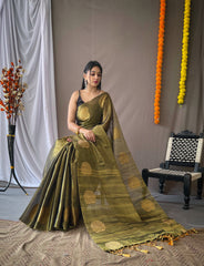 Original Dark Green Tissue Silk Sarees with All-Over Zari Weaving and Mango Border - Chit Pallu with Jhalar, Paired with Zari Lining Unstitched Blouse.