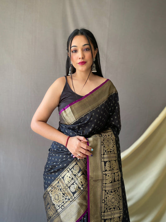 Beautiful Black Color Soft Silk Saree with Silver & Gold Zari Checks, Gold Zari Woven Broad Border, Elegant Pallu | Unstitched Blouse Piece.