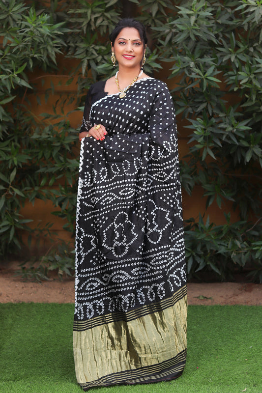 Black Pure Bandhej Silk Saree with Lagdi Patta Zari Weaving