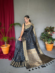 Black Color Pure Soft Silk Saree with Copper & Golden Zari Woven Border, Rich Pallu with Beautiful Motifs & Elegant Color Combination | Three Zari Used, Unstitched Blouse Included.