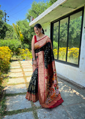 Black Pure Soft Paithani Silk Saree with Rich Woven Paithani Pallu - All-Over 3D Traditional Design Patterns in Gold and Silver Zari.