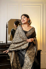 Black Handloom Raw Silk Saree With Blouse For Women