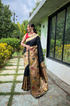 Black Color Pure Paithani Silk Saree with Traditional Paithani Border and Unique Motif Patterns - Contrast Richly Woven Pallu and Meenakari Motif Blouse.