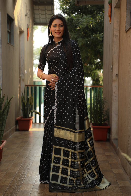 Black Bandhej Silk Saree with Checks Pattern Pallu