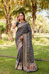 Premium Black Gharchola Bandhej Silk Sarees | High-Quality, Comfortable Bandhej Drapes with Minakari Jari Border, Paithani Rich Pallu & Handmade Blouse.